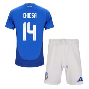 Italien Federico Chiesa #14 Hjemmebanesæt Børn EM 2024 Kort ærmer (+ korte bukser)